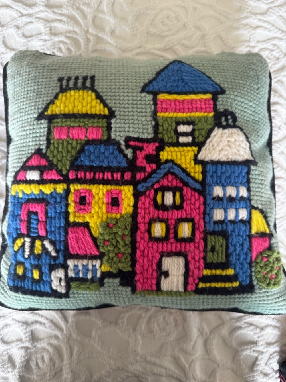 Vintage Needlepoint Cottage Pillow Colorful Houses Folk Art